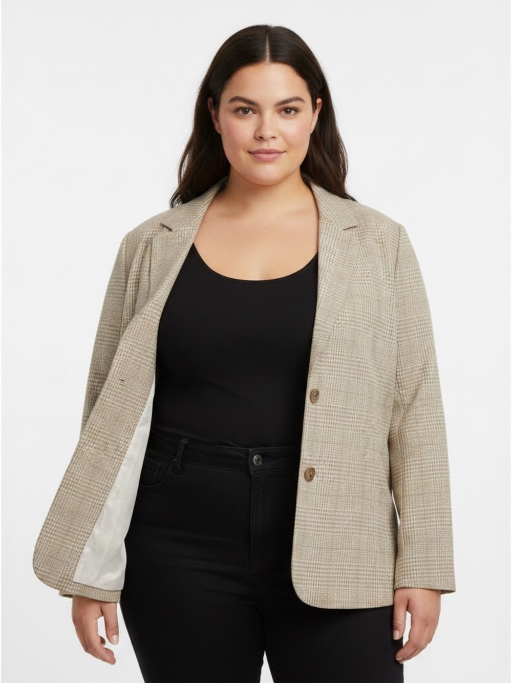 Vintage | Tan and cream plaid button front rayon blend blazer jacket